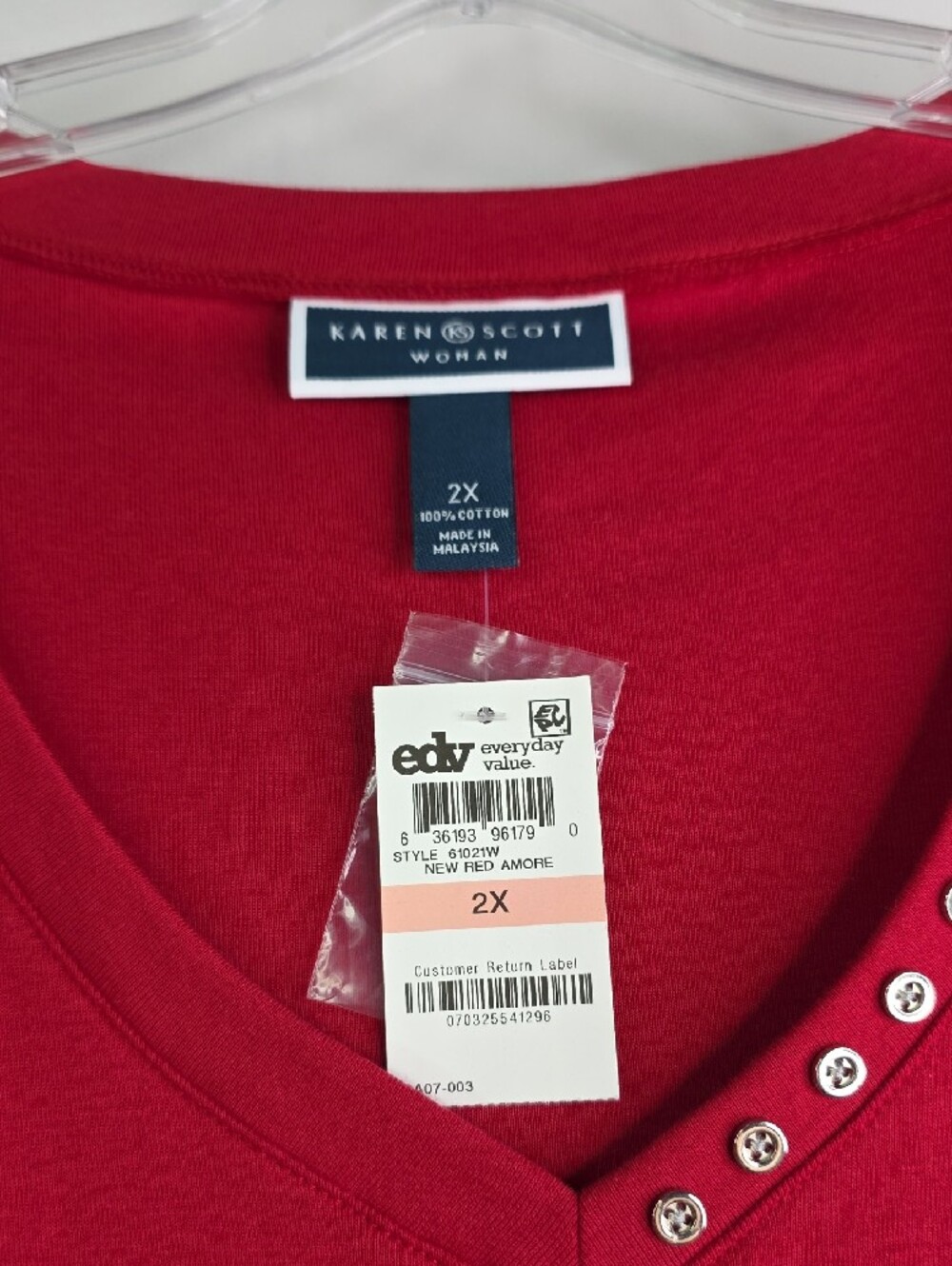 Karen Scott Red V-Neck Top with Stud Trim - Picture 4 of 7